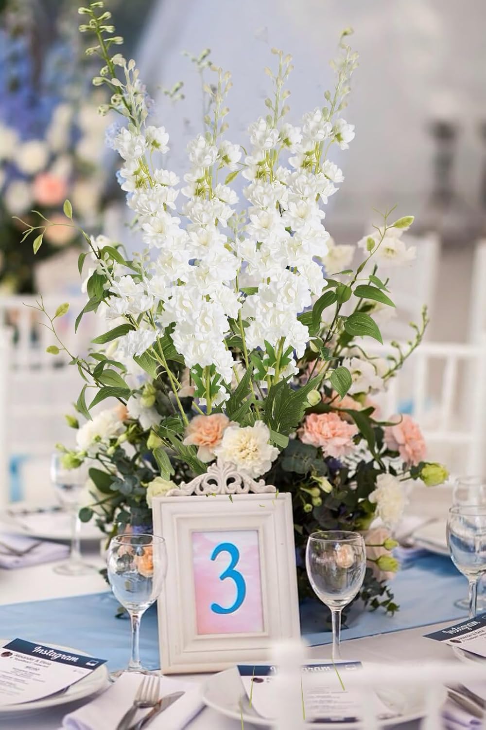 IPOPU White Flowers Artificial Delphinium 9PCS with Clematis Greenery for Wedding & Home Decor