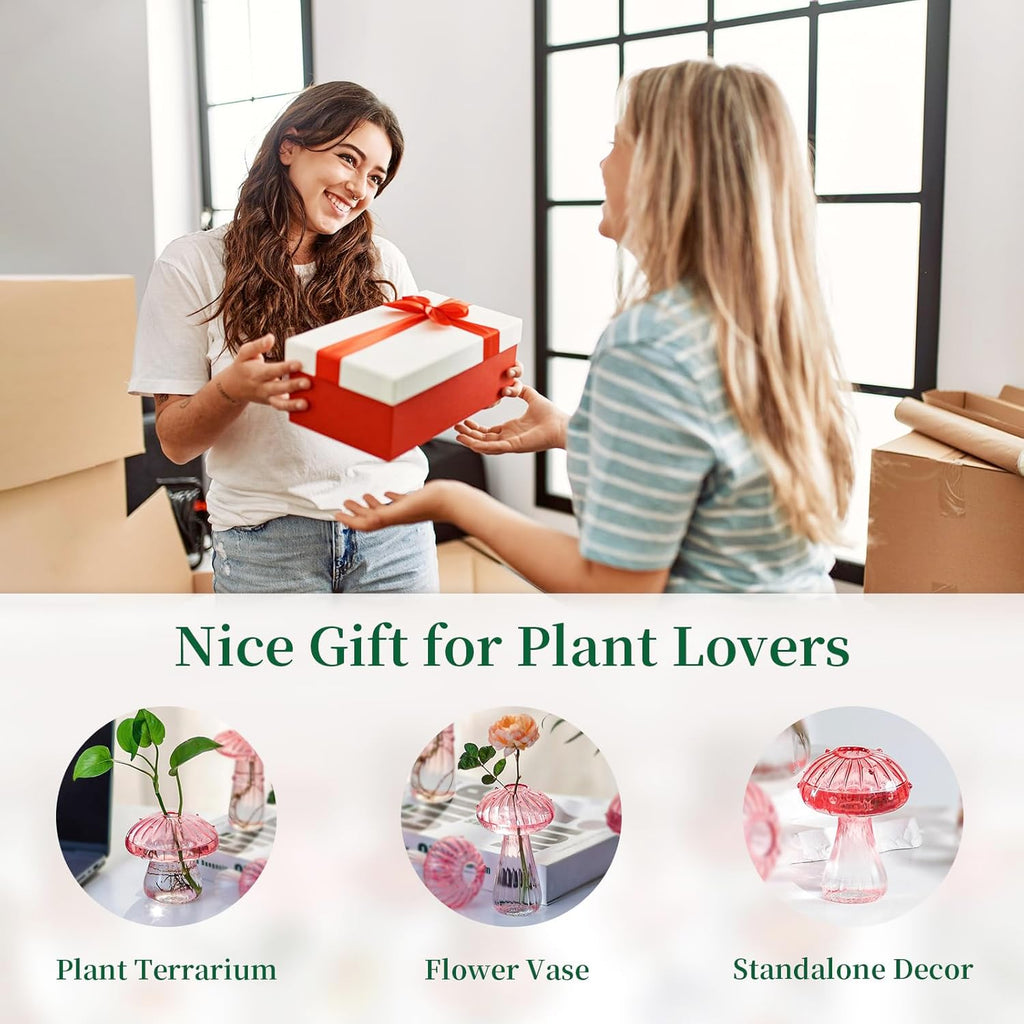 Hewory Mushroom Jars for Plants, 10pcs Pink Glass Mushroom Bud Vase for Flowers, Unique Plant Propagation Stations Propagating Vases Decor, Mini Cute Hydroponic Terrarium Planter for Indoor Planters