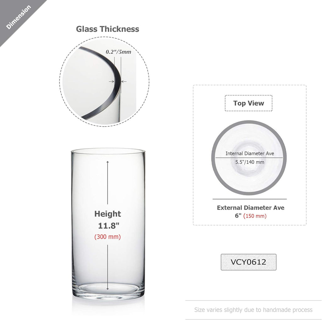 WGV Cylinder Vase, Width 6", Height 12", Clear Glass Container Terrarium Candle Holder for Wedding Centerpiece, Party Event, Home Office Decor, 1 Piece