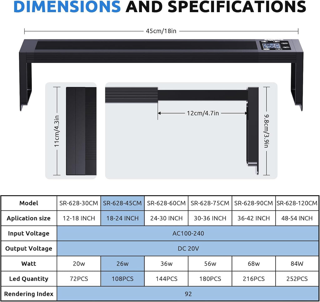 SEAOURA 24/7 LED Aquarium Plant Light for 18-24 Inch Fish Tank, Auto On Off with Timer, 9 Colors, Adjustable Brightness, Daylight & Moonlight Mode, Full Spectrum Fish Tank Light for Plants, 26W