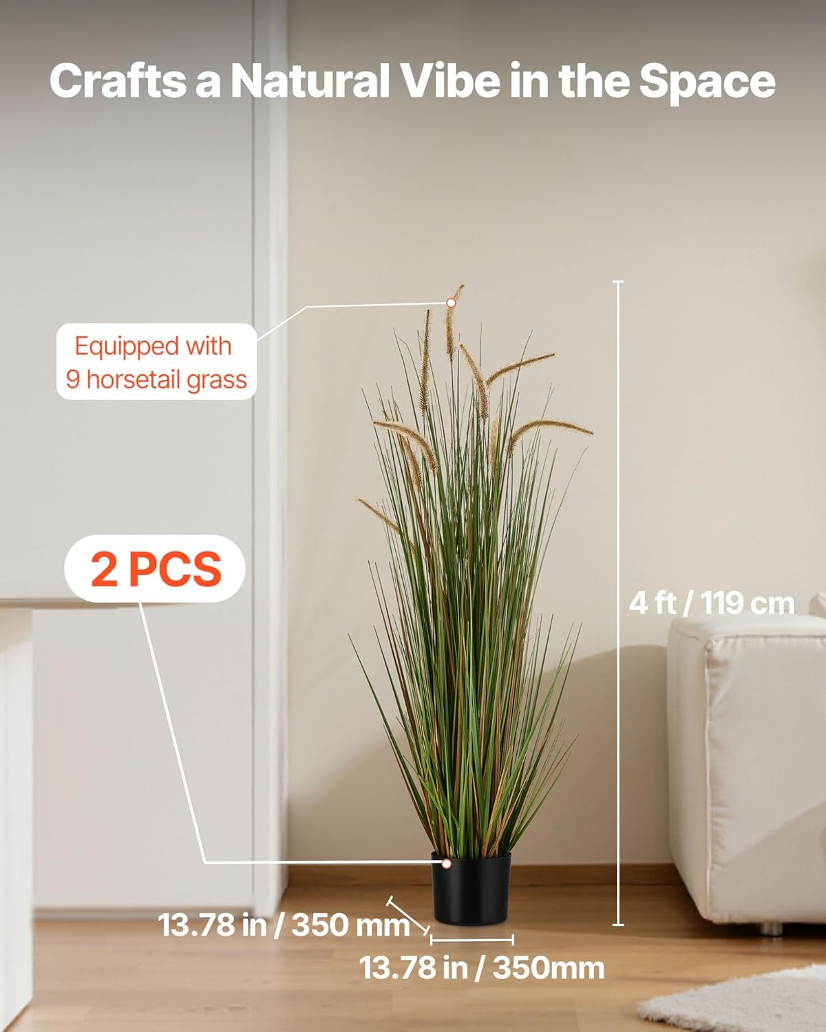 VEVOR Artificial Grass Plant, 2 Pack 47 inch Horsetail Reed Grass in Pot, Premium PVC Faux Fake Greenery Shrubs Plant for Indoor Outdoor House Home Garden Office Room Décor, Housewarming, Green