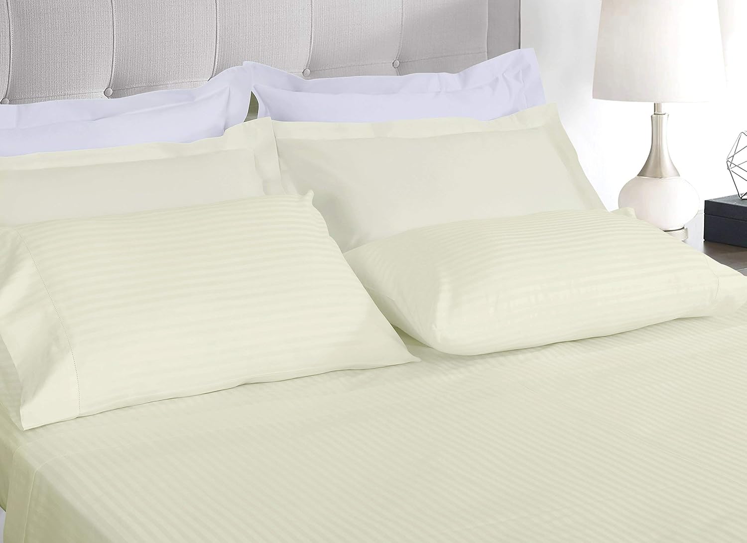 Threadmill 100% Cotton Sheets for Full Size Bed - 600 Thread Count Full Bed Sheets Set with 16” Deep Pocket - Damask Stripe Sateen Weave 4-Piece Bedding Set with Cooling Effect, Ivory