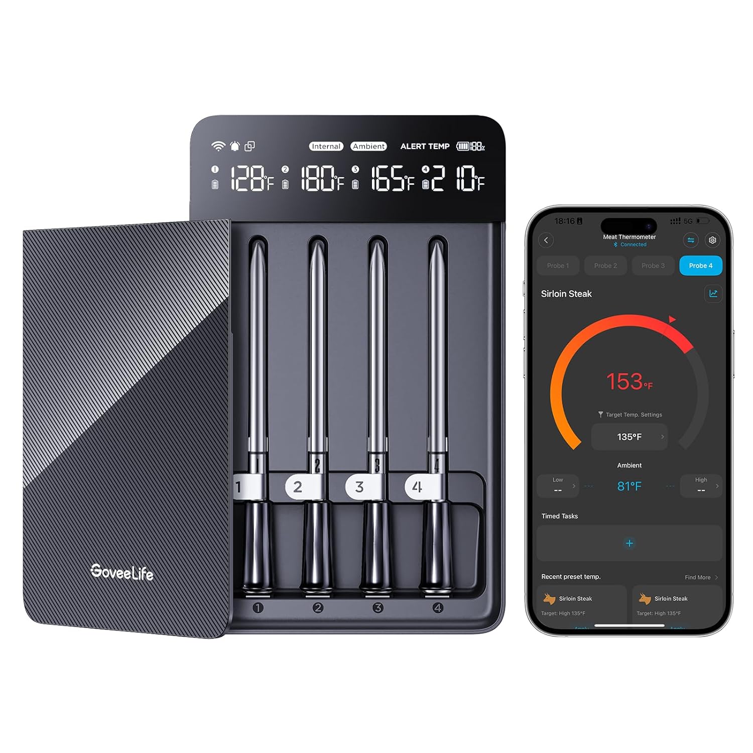 GoveeLife Bluetooth Wireless Meat Thermometer with 4 Probes, WiFi Unlimited Range, ±1.8℉ Accuracy, IP68 Waterproof Real Time Monitoring Digital Food Thermometer for Kitchen, BBQ, Grill, Oven, Smoker