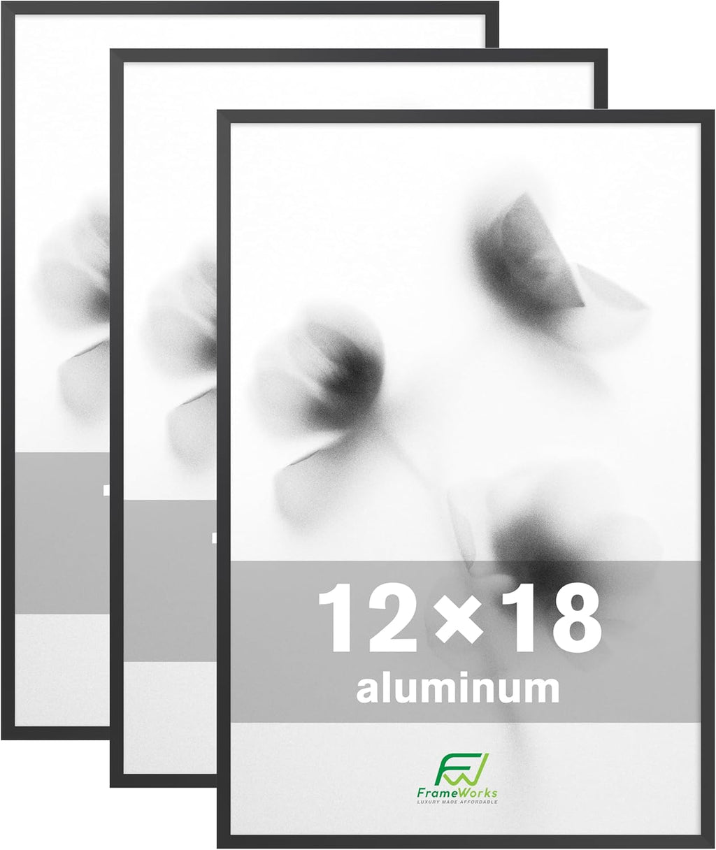 FrameWorks 12x18 Brushed Aluminum Poster Frames – Modern Brushed Metal Design w/Shatterproof Plexiglass, Perfect for Posters, Artwork, Paintings, Wall Displays – Home or Office Decor, Black - 3 Pack