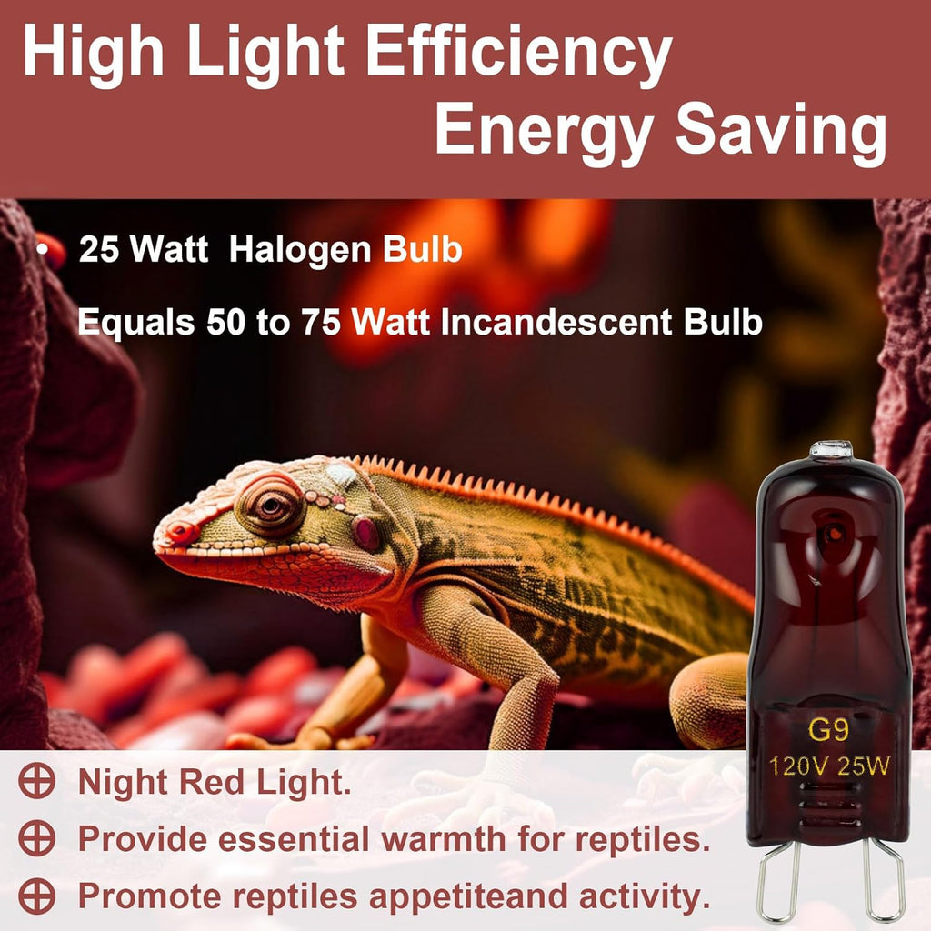 G9 Heat Lamp Bulbs for Reptile,Night Red, Mini Halogen Bulb 25W, Infrared Reptile Heat Lamp for Bearded Dragon Gecko Turtle Lizard, Pack of 2