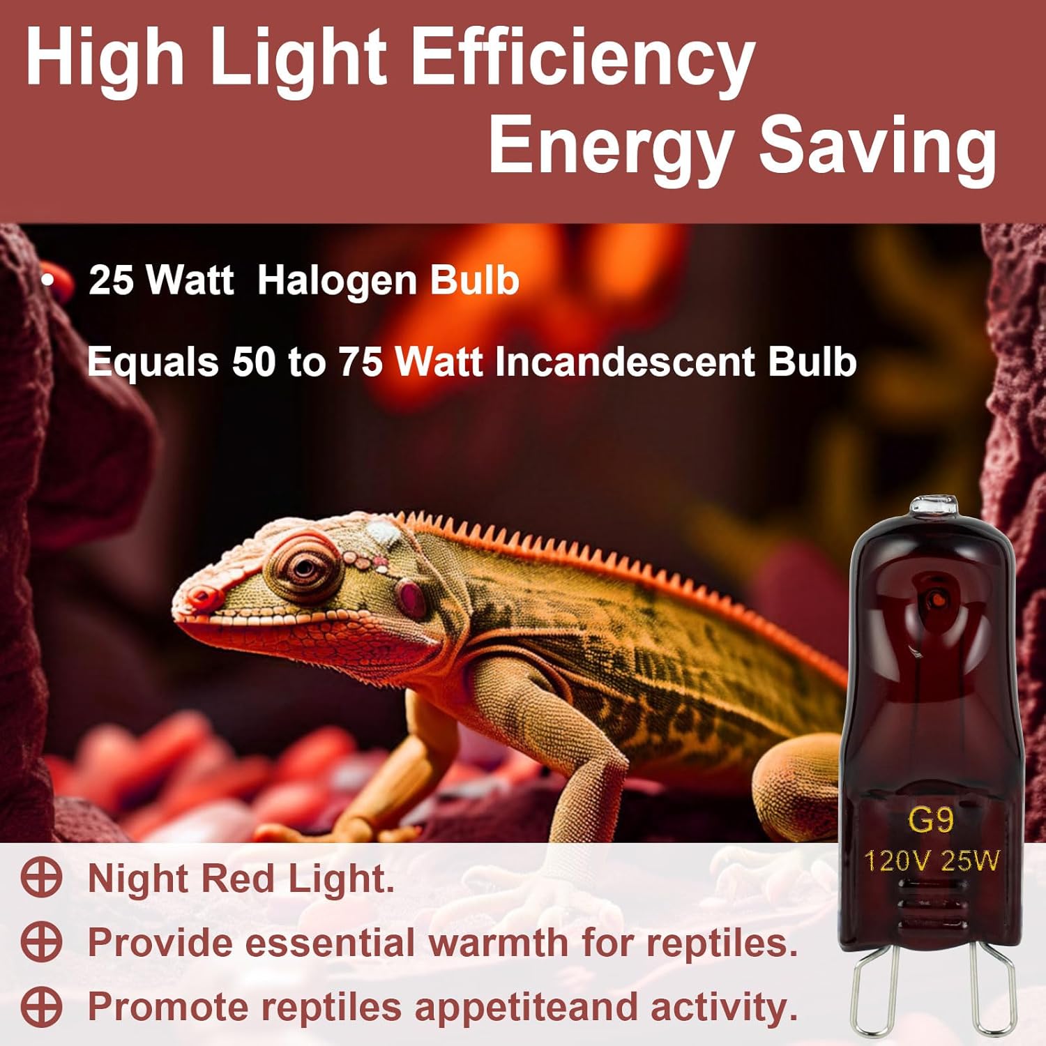G9 Heat Lamp Bulbs for Reptile,Night Red, Mini Halogen Bulb 25W, Infrared Reptile Heat Lamp for Bearded Dragon Gecko Turtle Lizard, Pack of 2