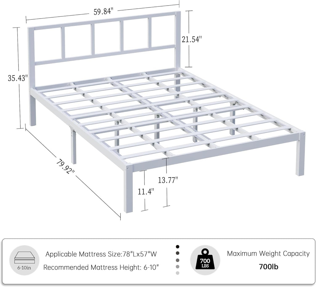 14 Inch Queen Bamboo Platform Bed Frame with Headboard, Wood Slat Support, No Box Spring Needed, Easy Assembly, White