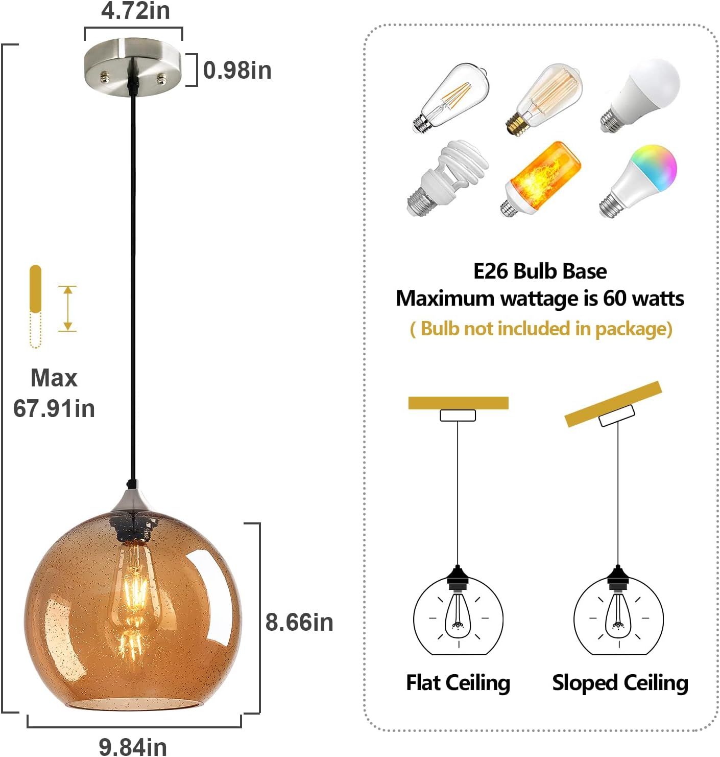 Amber Glass Pendant Lights Kitchen Island Globe Pendant Light Fixtures Modern Pendant Lighting for Bedroom Living Dining Room Light Fixture (9.84 in, 2 Pack)