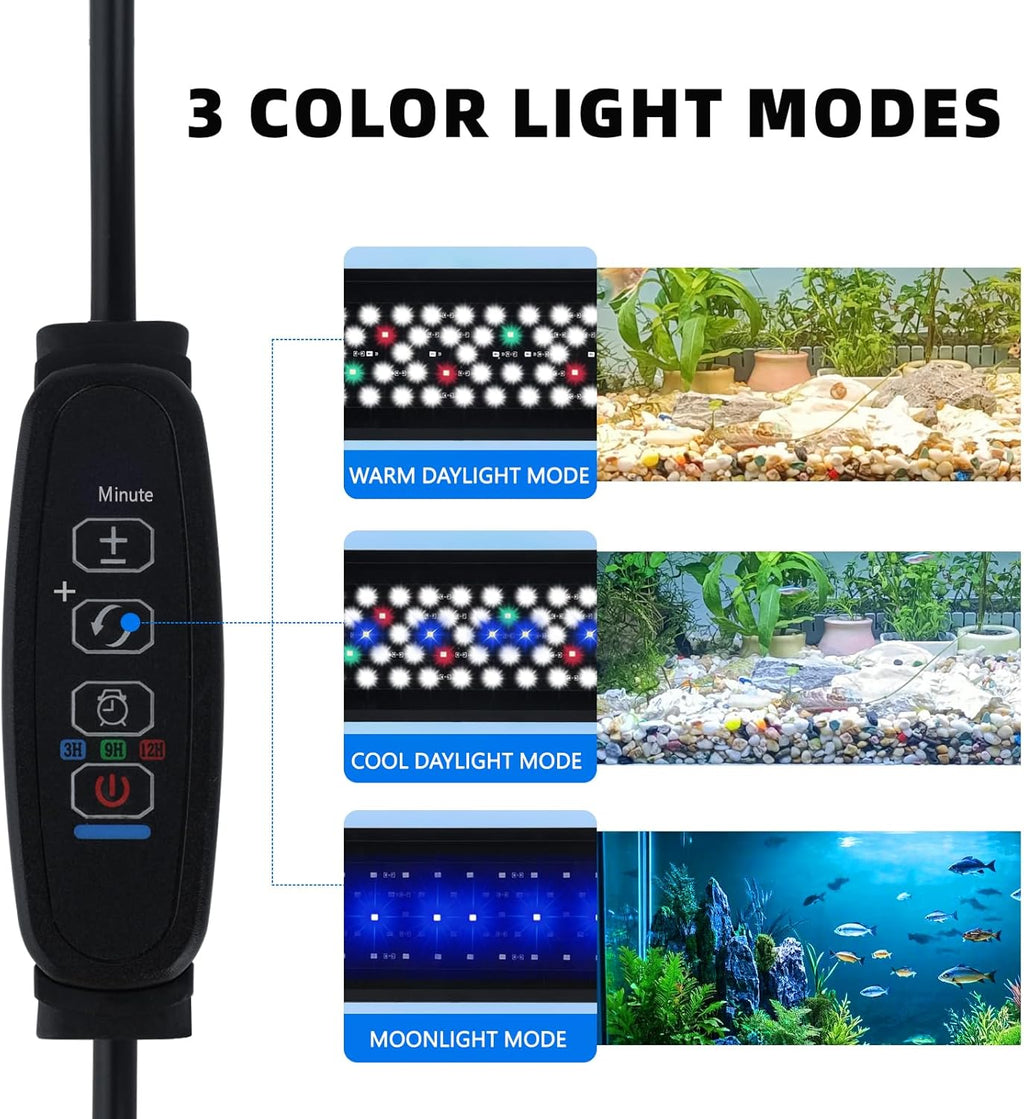 USB LED Aquarium Light for 12–18 Inch Fish Tanks – Timer with Auto On/Off, 10-Level Brightness, White/Blue/Red+White Modes, Extendable Brackets & Hanging Design (No USB Power Adapter)