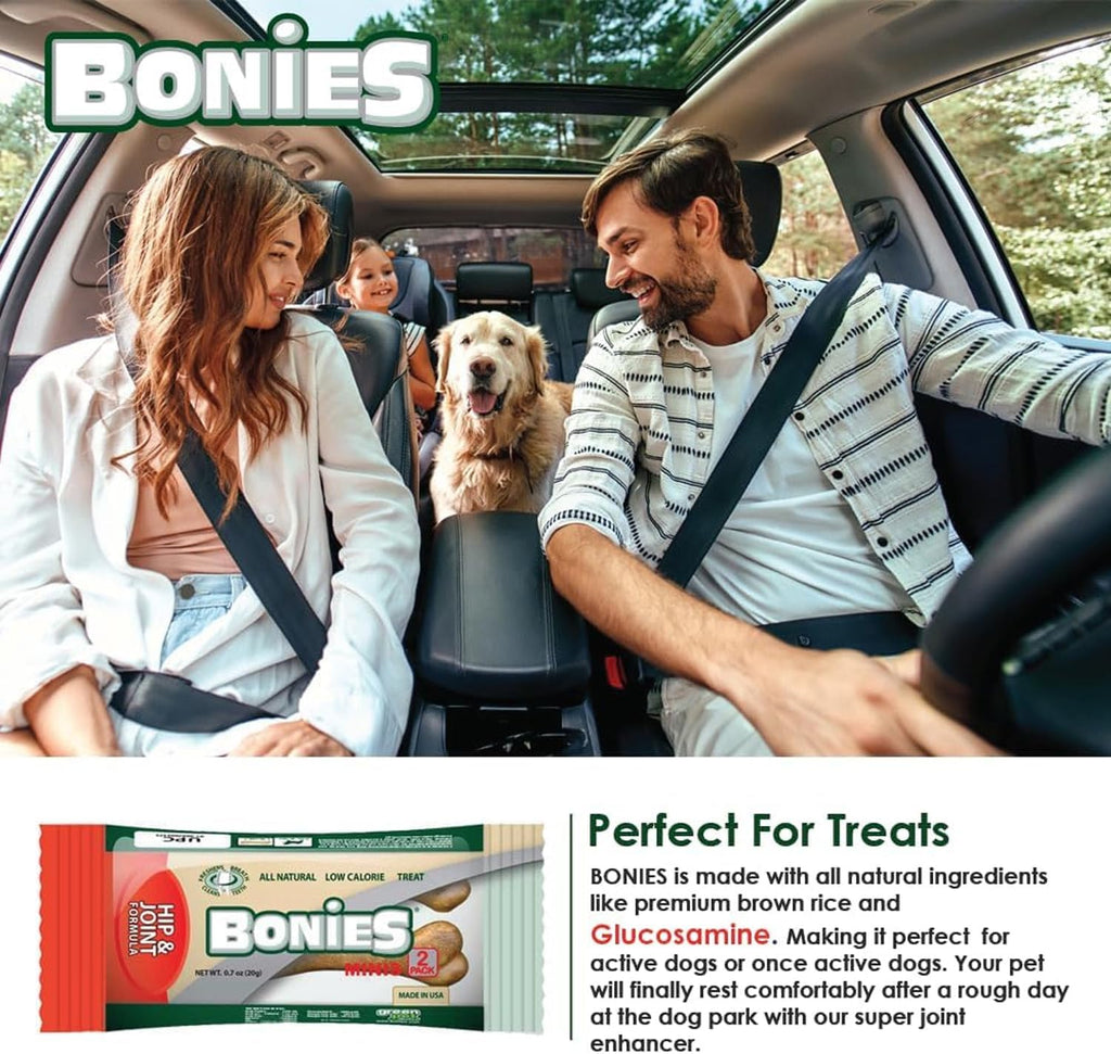 Bonies Natural Hip & Joint Formula Minis-Sized Single Bone, Glucosamine & Omega Fatty Acids, Fresh Breath, Clean Teeth, Low Calories, Chicken Flavor, MINI Dogs, 2 Bone Pack