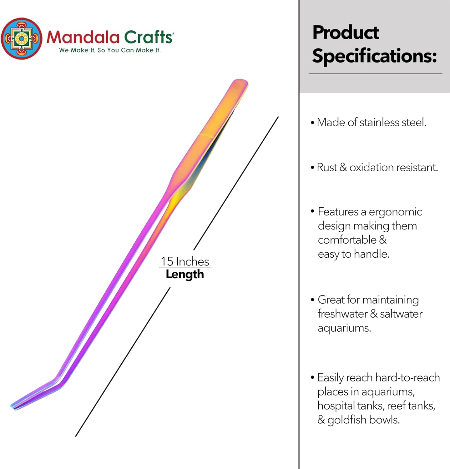 Mandala Crafts 15 Inches Rainbow Stainless Steel Curved Aquarium Tweezers for Aquatic Plants – Long Aquascape Forceps for Fish Tanks, Hospital Tanks, Goldfish Bowls, and Terrariums