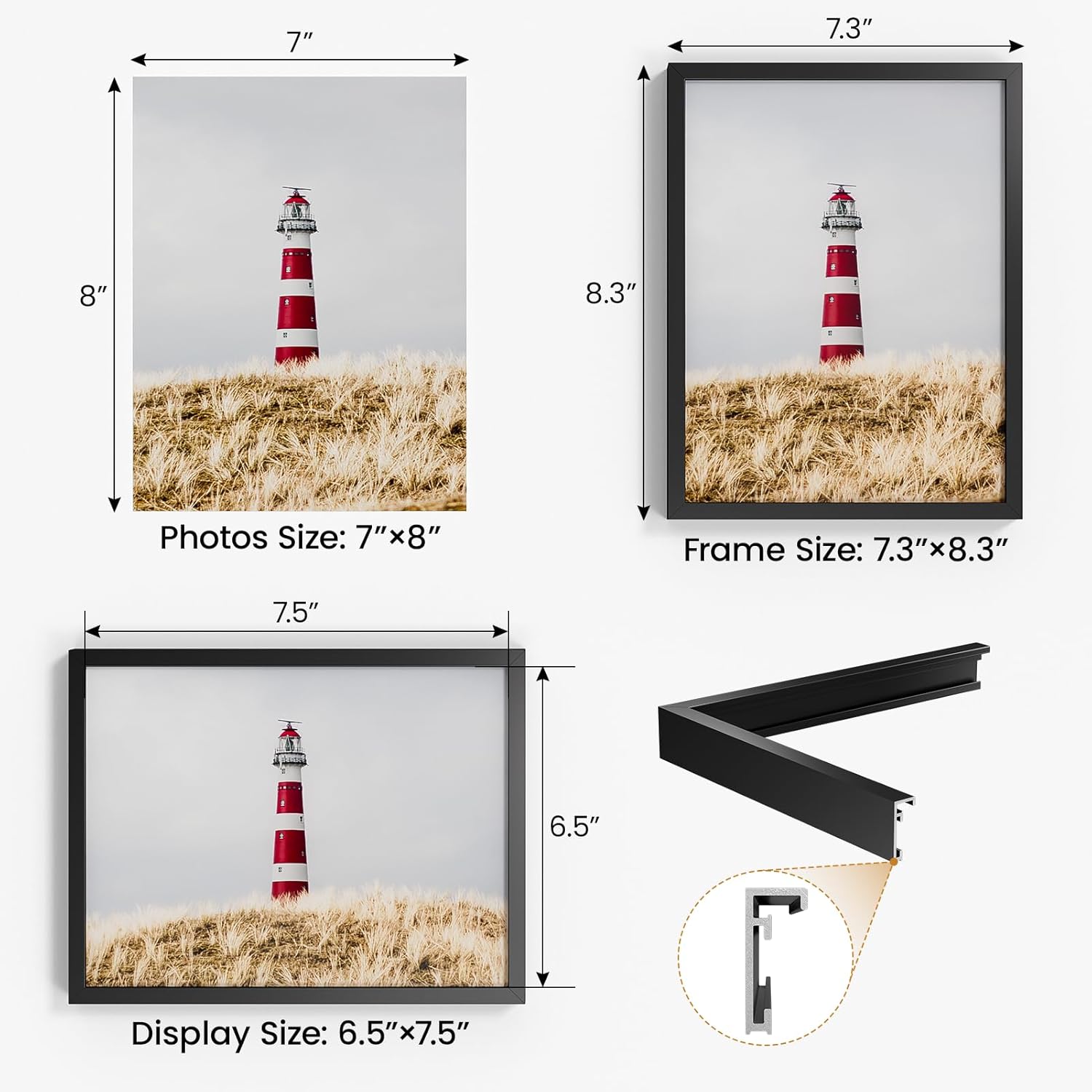 7x8 Aluminum Metal Picture Frame,Tempered Glass Black Photo Frame 7x8 for Family Photo,Posters,Art,Document to Wall Mount Horizontally or Vertically