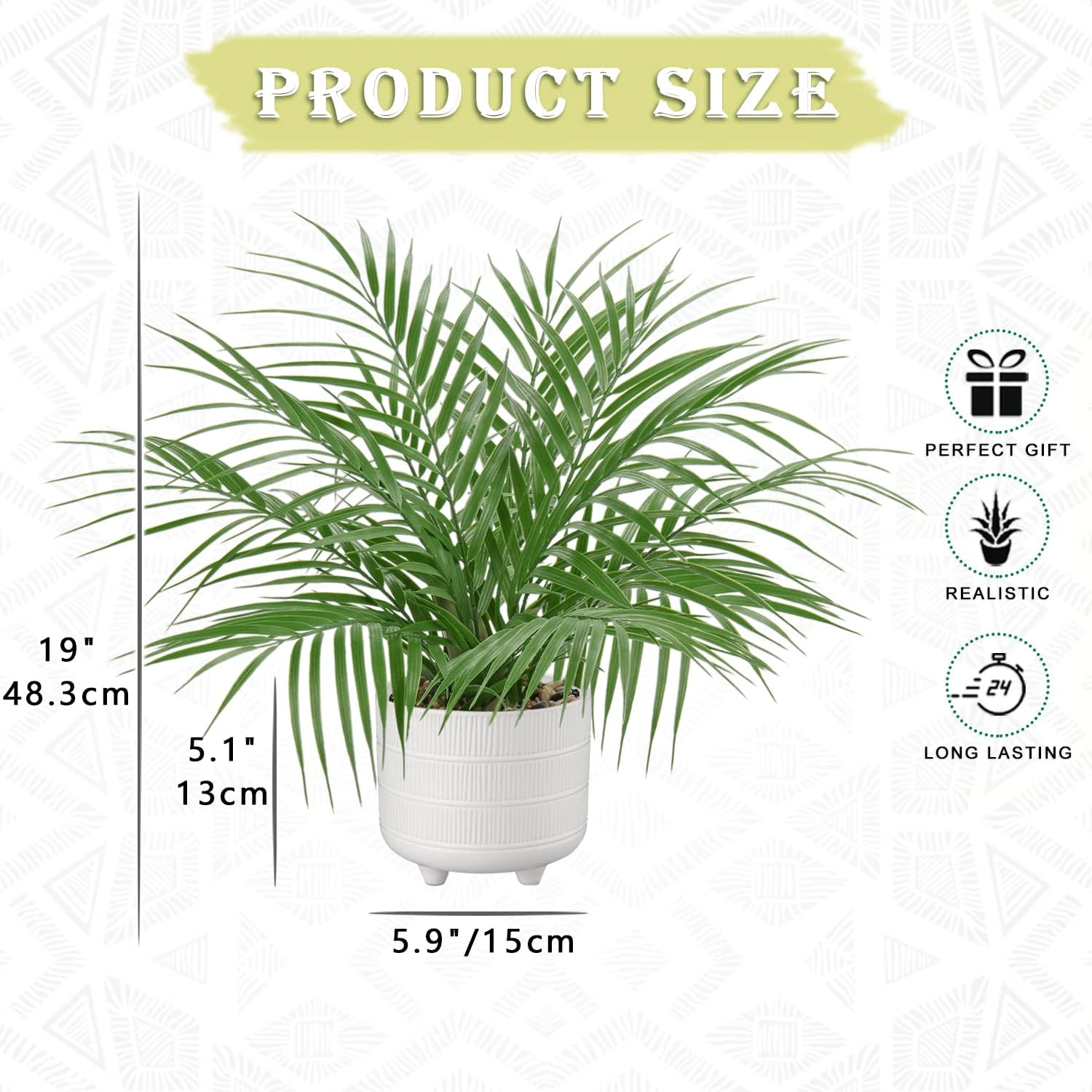 Hollyone Large Artificial Potted Plants Fake Palm Plants 19" Faux Green Plant Plastic Tropical Palm Tree in White Ceramic Pots Bohemian for Home Room Office House Indoor Decoration