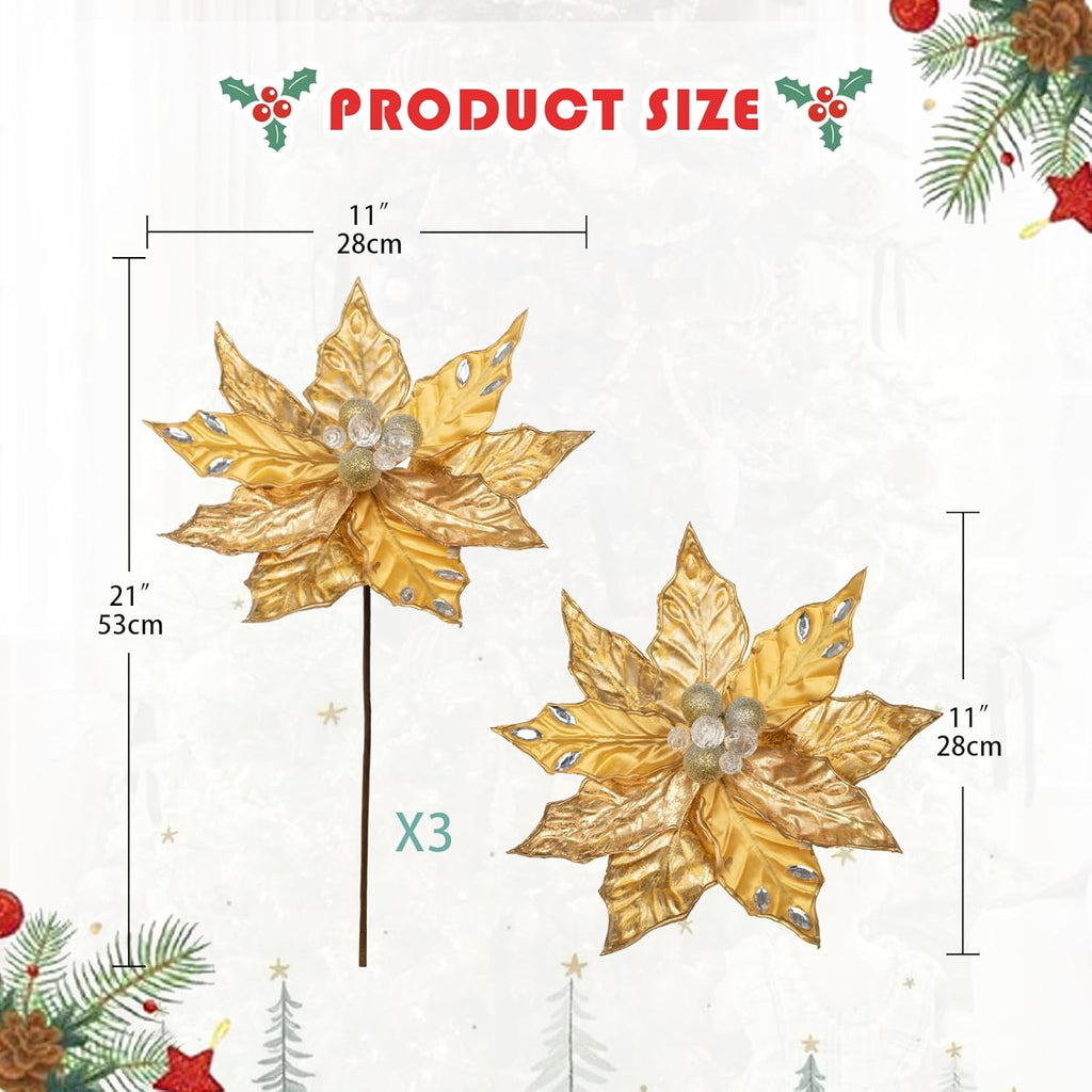 Hollyone 3PCS Poinsettia Christmas Flowers Artificial 11" Large Gold Glitter Poinsettia Flowers Christmas Tree Ornaments Floral Picks for Tree Wreath Garland Vase Table Centerpiece Home Decor
