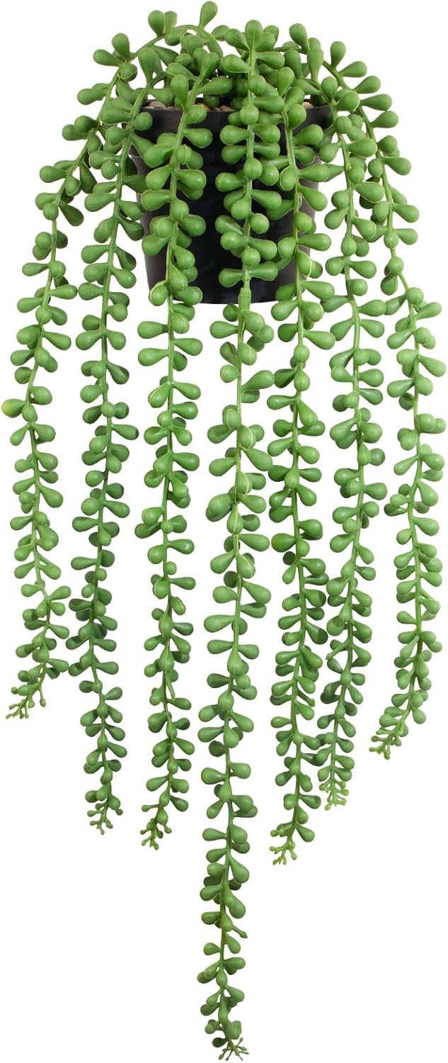 Realistic Artificial String of Pearls Plant - Faux Hanging Succulent Trailing Plant with Black Pot, Natural-Looking Small Potted Faux Plant Indoor Outdoor for Home Office Shelf Decor