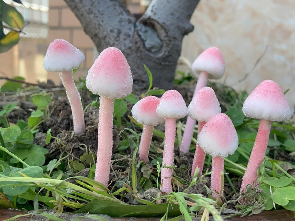 8-Pcs Handmade Glittery Pink Resin Mini Mushrooms for Fairy Desk Plants, Miniature Terrarium Decor & Micro Landscape (not Include The vase)