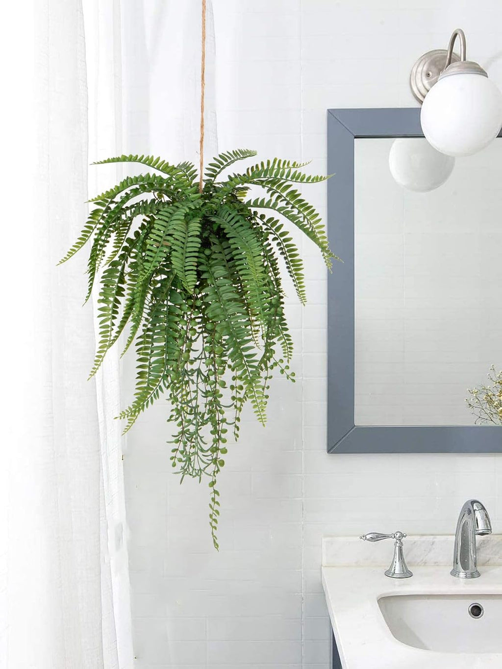 Large Fake Hanging Plants Mixed Fern Faux Hanging Plants Realistic Fake Plants with Hemp Rope Moss Artificial Hanging Plants Indoor for Home Bedroom Bathroom Porch Wall Window Sill Decor