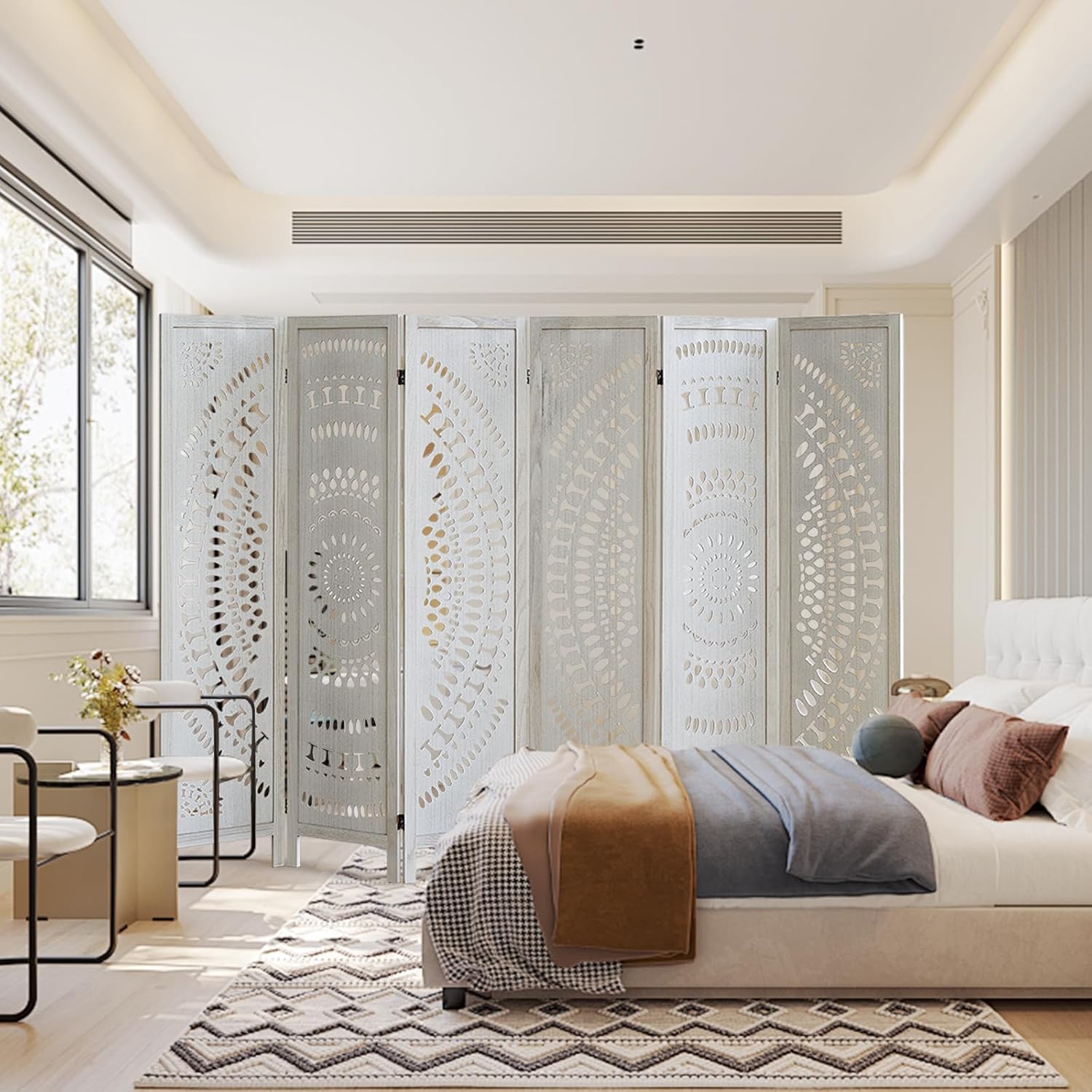 Room Dividers and Folding Privacy Screens, Boho 6 Panel Room Divider, 67" Room Divider Wall, Modern Room Partition, Privacy Dividers for Rooms, Bedroom, Office, White