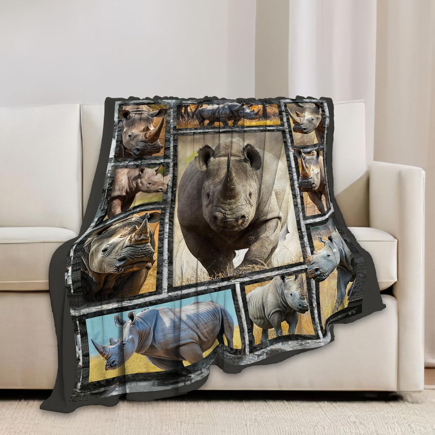 White Rhino Blanket Rhinos Animal Throw Blankets Gifts for Girls Boys Kids Rhino Lover Soft Cozy Fleece Plush for Couch Sofa Bed 50"x40"