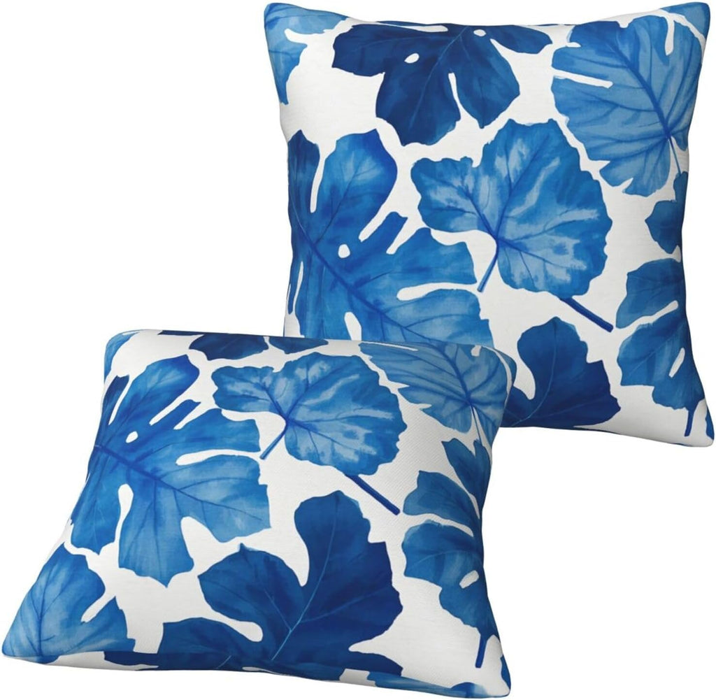 Tropical Blue Monstera Leaf Throw Pillow Covers Set of 2 Ultra-Soft All-Season Pillow Shams with Hidden Zipper,Durable for Sofa Bed Car Decor & Gift 18x18IN