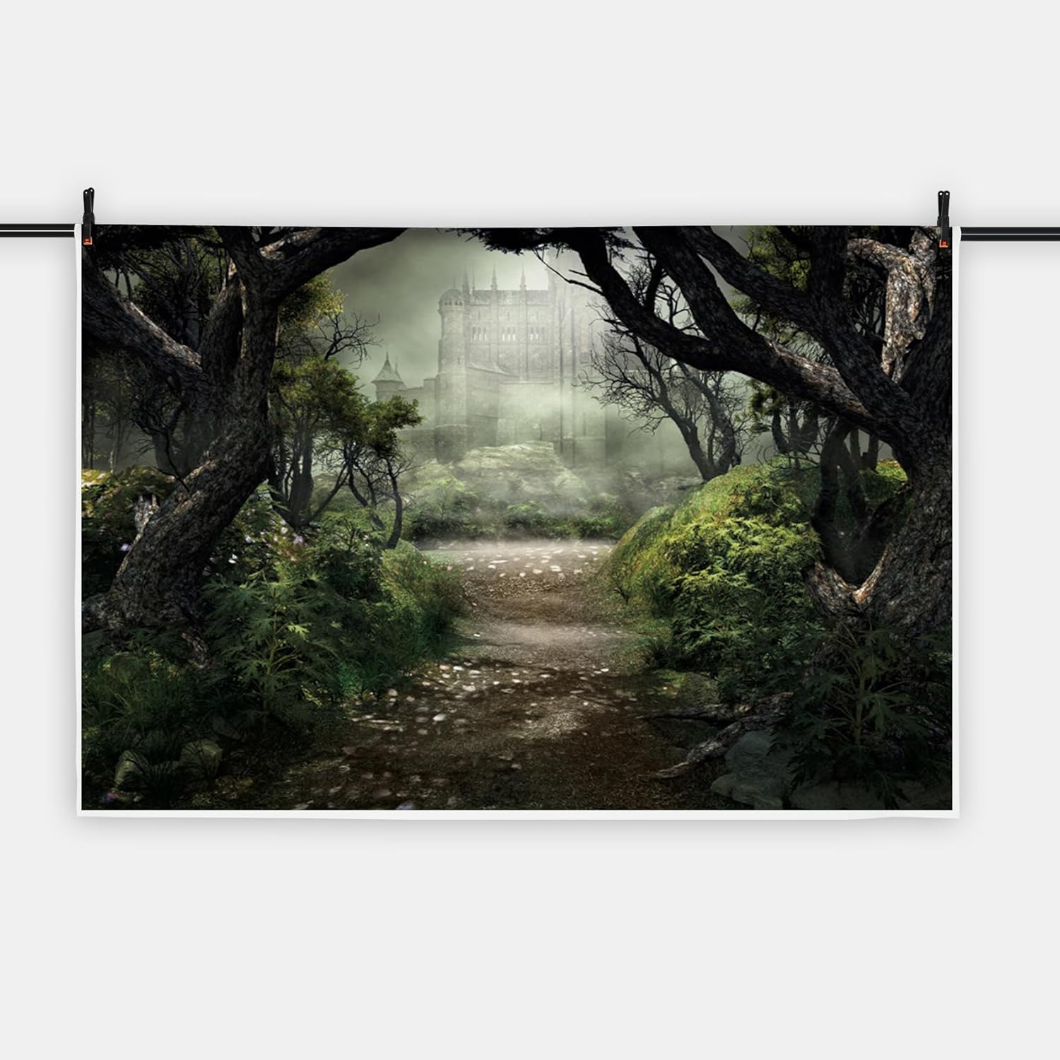 Renaiss Enchanted Forest Backdrop Fabric Green Medieval Smoky Jungle Forest Wonderland Fairy Tale Adventure Photography Background for Kids Fairytale Theme Party Decorations Photo Prop 7x5ft