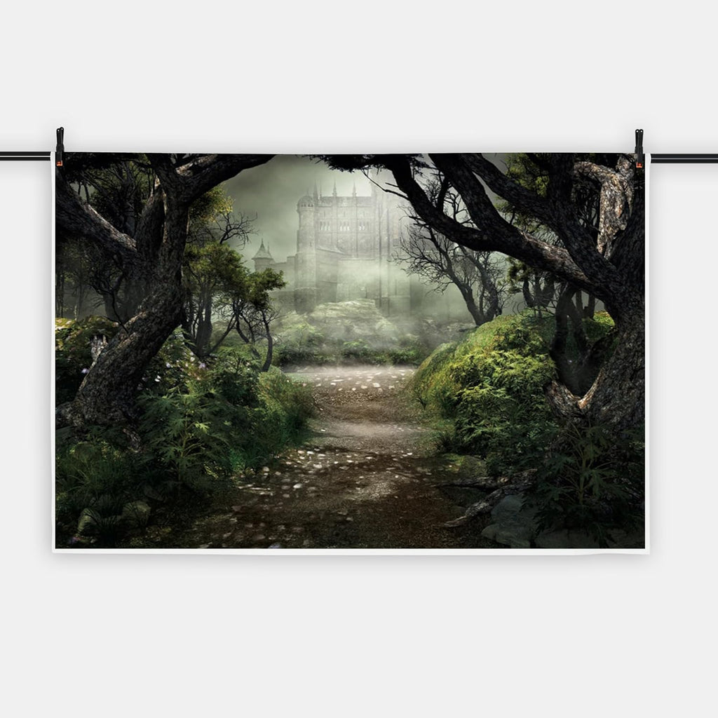 Renaiss Enchanted Forest Backdrop Fabric Green Medieval Smoky Jungle Forest Wonderland Fairy Tale Adventure Photography Background for Kids Fairytale Theme Party Decorations Photo Prop 12x8ft