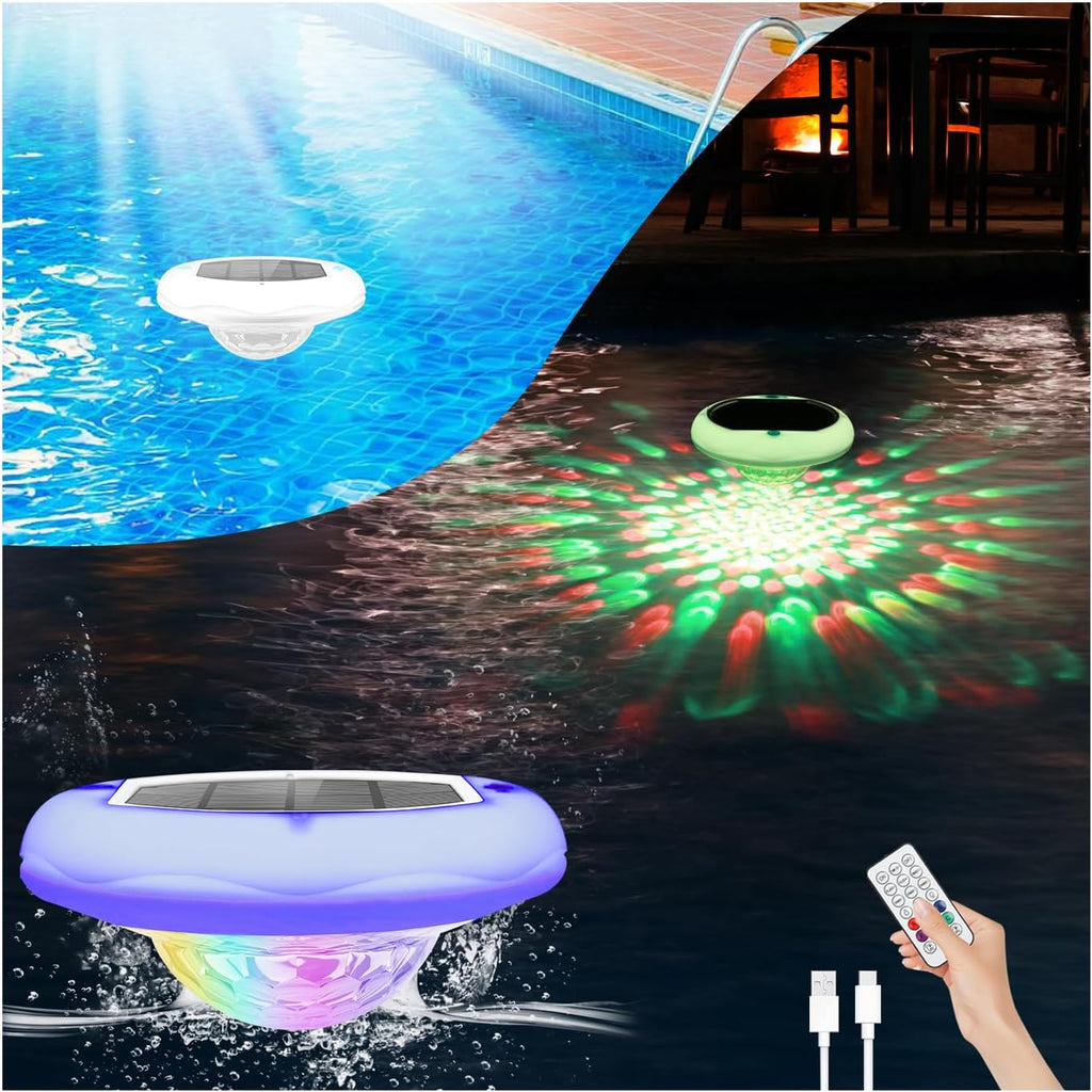 Floating Pool Lights, Solar and USB Rechargeable Pool Lights That Float with Remote, 2600mAh 6.7'' IP68 Waterproof 13 Colors Upper and Lower Glow Hot Tub Light Hangable Solar Light for Garden1 PACK