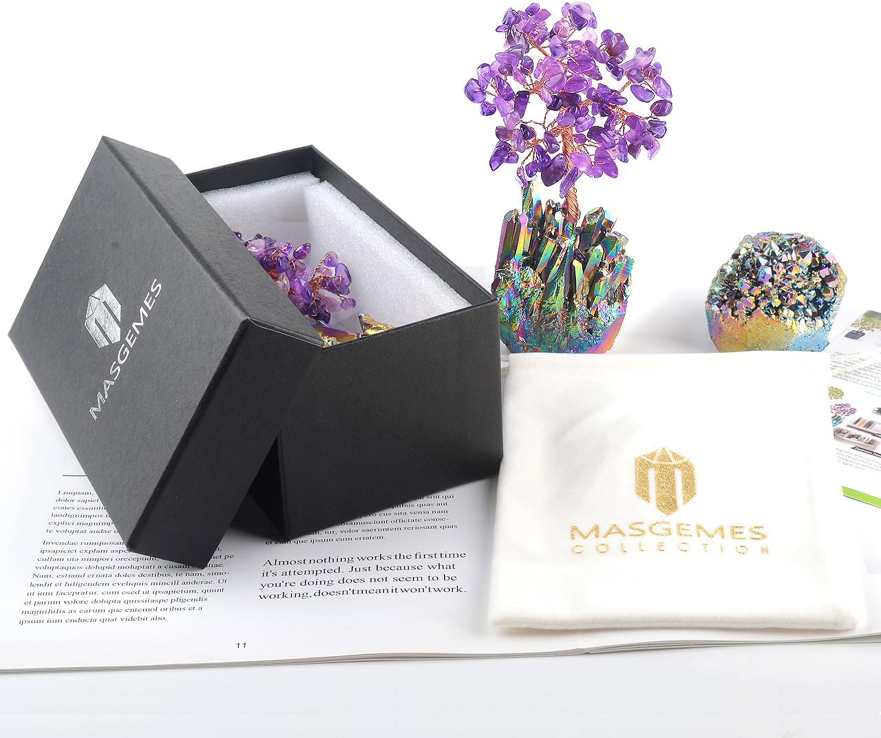 Natural Amethyst Crystal Tree, Quartz Cluster Rainbow Titanium Crystals Base, Feng Shui Bonsai Money Tree for Wealth and Luck