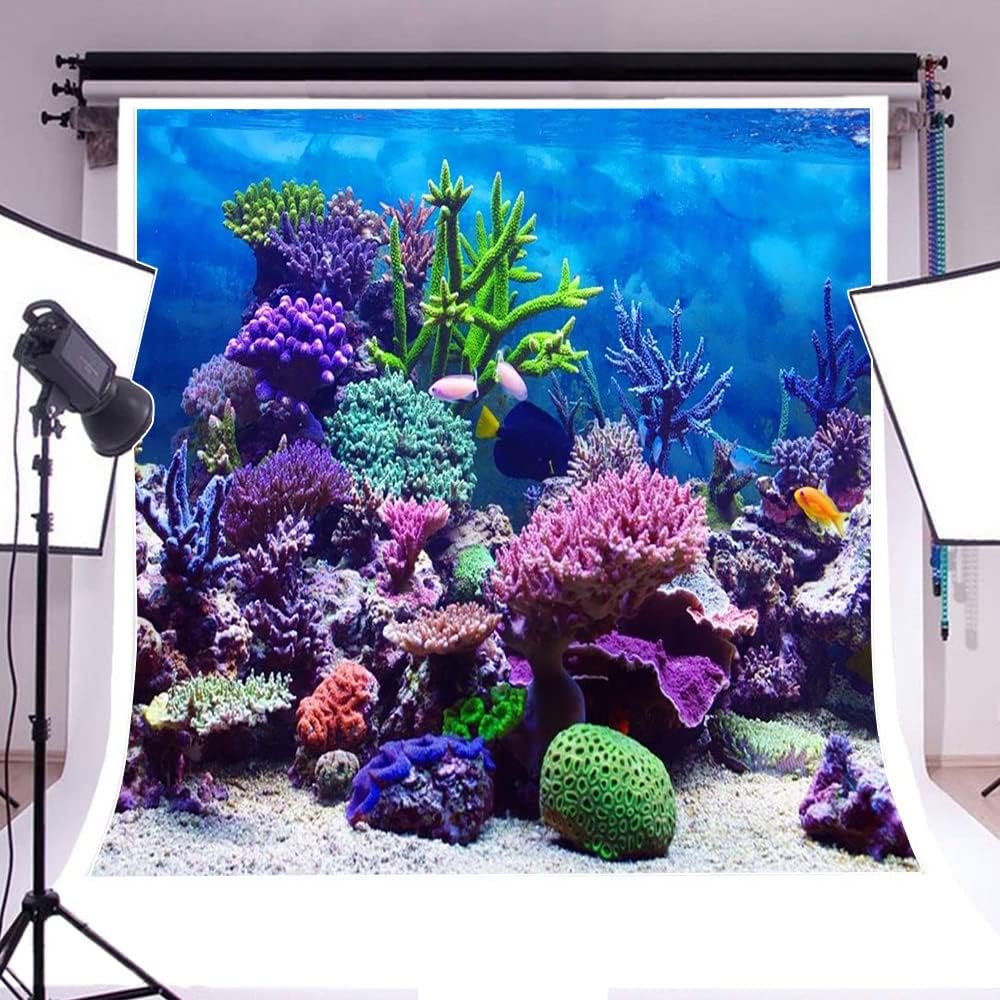 AOFOTO 8x8ft Under The Sea Backdrop Underwater Seascape Coral and Fish Aquarium Photography Background Marin Ocean Diving Atoll Reef Summer Kids Birthday Artistic Portrait Photoshoot Studio Props