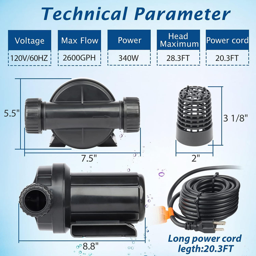 WaterRebirth (PA3000, 2600GPH) High Flow Submersible Water Pump-Home/Inline Water Pump-Submersible Pump-Water Transfer Pump-Aquarium Pump