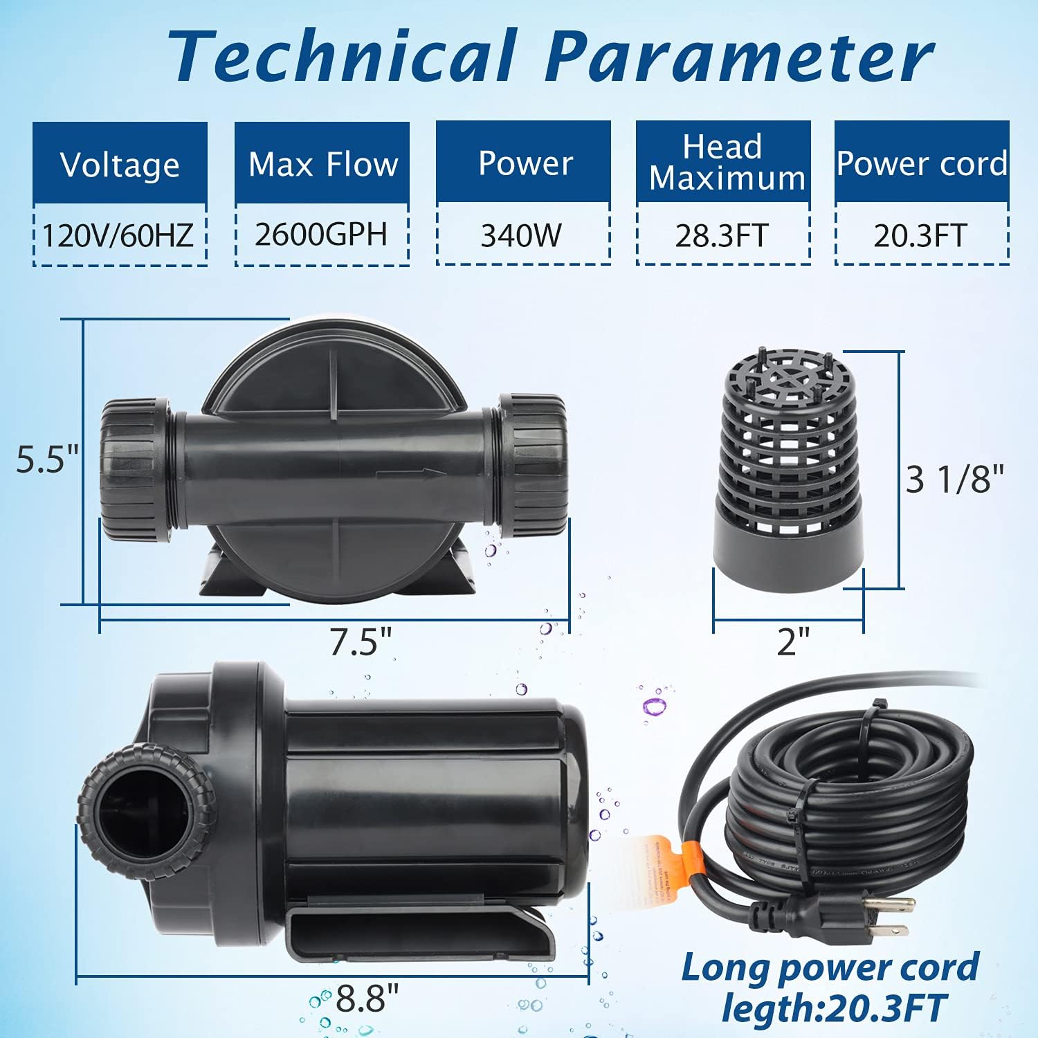 WaterRebirth (PA3000, 2600GPH) High Flow Submersible Water Pump-Home/Inline Water Pump-Submersible Pump-Water Transfer Pump-Aquarium Pump
