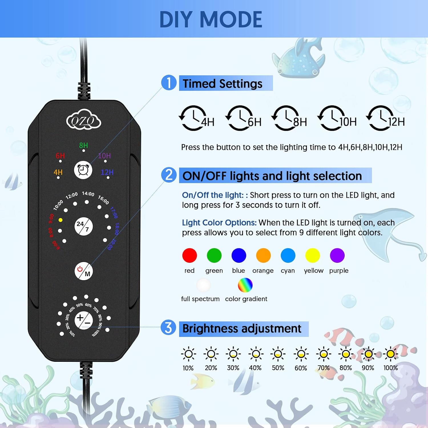 QZQ Fish Tank Light – Aquarium Light 24/7 Mode LED Aquarium Lights for Fish Tank with Adjustable Timer/Brightness, Aquarium Plant Light (12W for 7–12 Inch Tank)