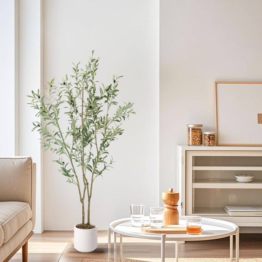 Artificial Fake Olive Tree 5FT Tall 1Pack with White Planter Faux Silk Olive Tree for Home Living Room Office Decor Faux Artificial Plants Indoor with Fruit & Free Moss