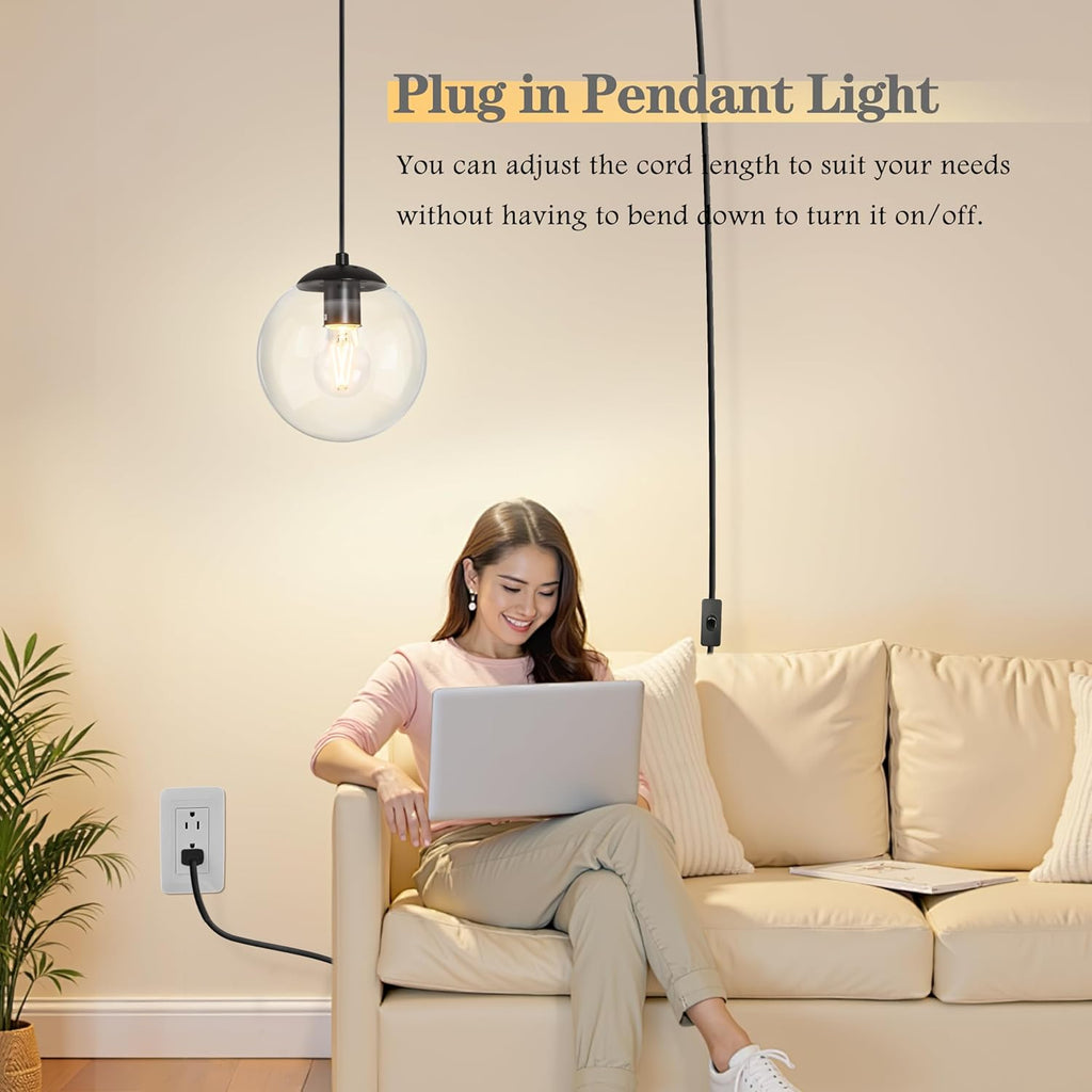 KoKo&Yukina 8" Globe Pendant Light Black Plug in Pendant Light Adjustable Hanging Lights with Plug in Cord Matte Black Finished with Clear Glass Lampshade for Bedroom Kitchen Island（Bulb Included）