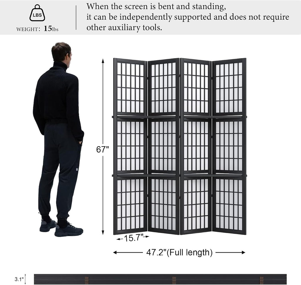 Room Divider with Shelves, 66.9-Inch Tall Japanese Shoji Style Wood Screen with Double Hinges for Home Office Bedroom Hotel Decoration (4 Panels, Black)