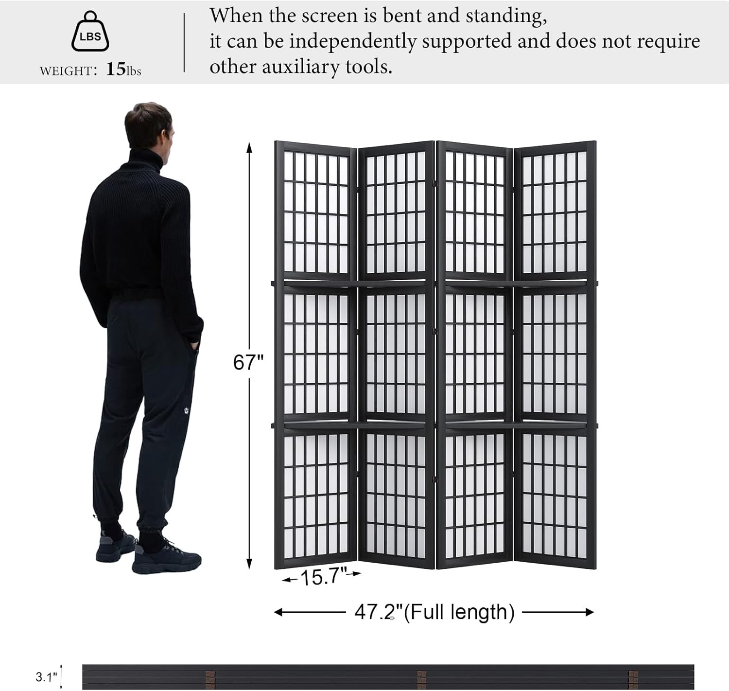 Room Divider with Shelves, 66.9-Inch Tall Japanese Shoji Style Wood Screen with Double Hinges for Home Office Bedroom Hotel Decoration (4 Panels, Black)