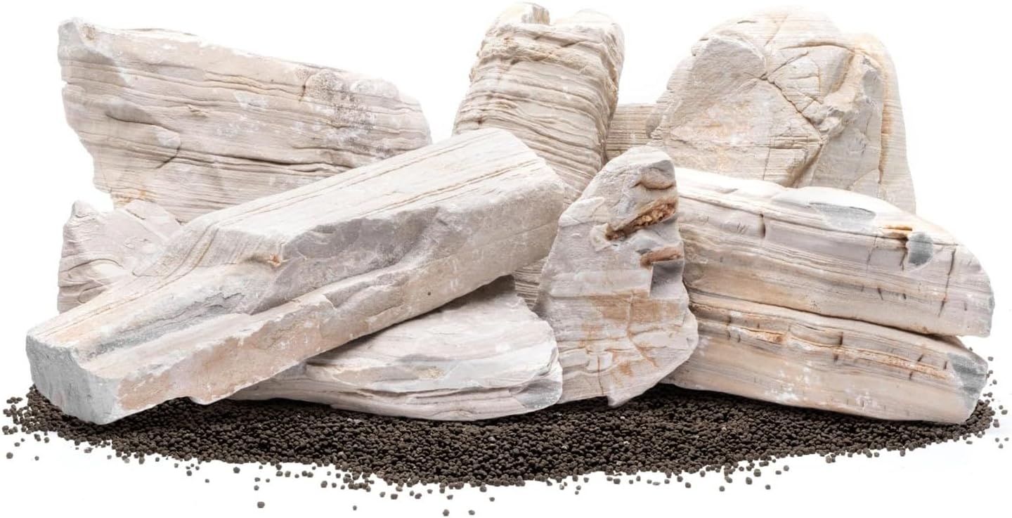 SubstrateSource Natural Aquarium Stones - Light Greyish Cream w/Layered Folds, Smooth Surface, Freshwater Aquascaping Rocks, Shrimp & Betta Fish Tank Decor, Canyon/Valley Layouts - Gobi Desert, 30 LB