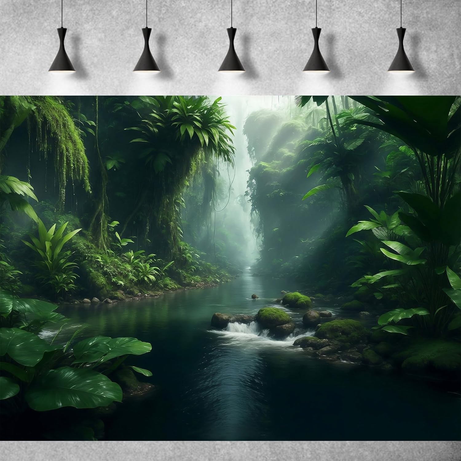 Jungle Aquarium Background Stream River Foggy Rainforest Terrarium Background Waterfall with Lush Green Jungle Plants Fish Tank Background Tranquil Natural Jungle Forest Aquarium Backdrop 24x16in