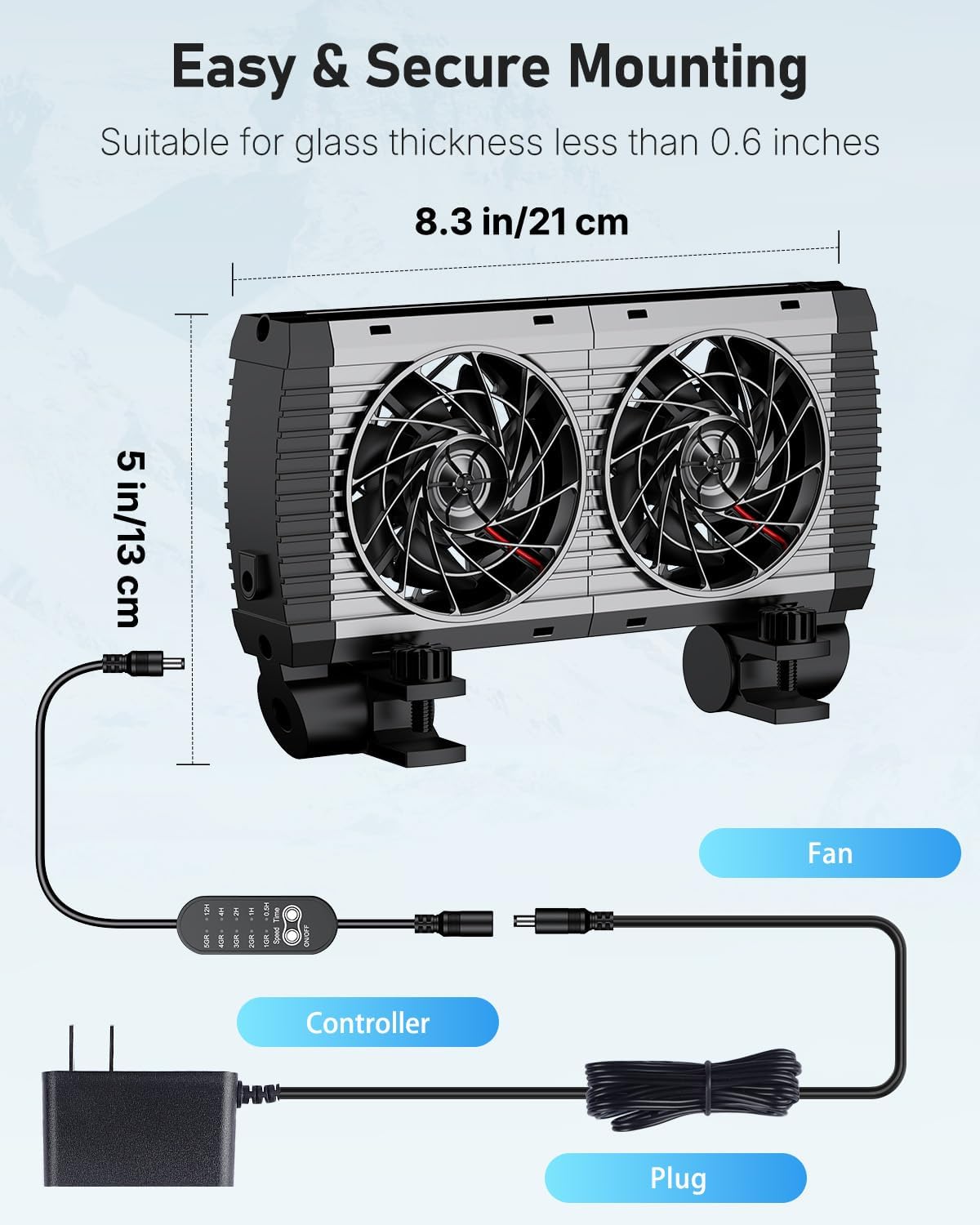 Pawfly Aquarium Chiller Fan, Quiet Aquarium Fan for Axolotl Tank, Adjustable Fish Tank Cooling Fan, Aquarium Cooler with Timer, Terrarium Fan Water Chiller for Freshwater and Saltwater Tanks, 2 Head