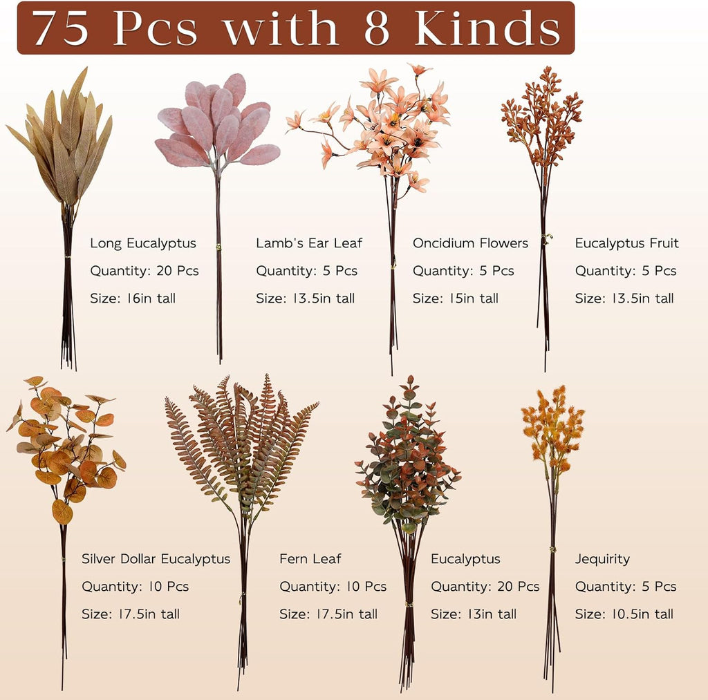 FOTEEWL 75 Pcs Artificial Greenery Stems Box Set,with 8 Kinds of Faux Plants and Fake Flowers for DIY Bridal Bouquets Wedding Floral Arrangement Table Centerpieces Fall Decoration (Orange)