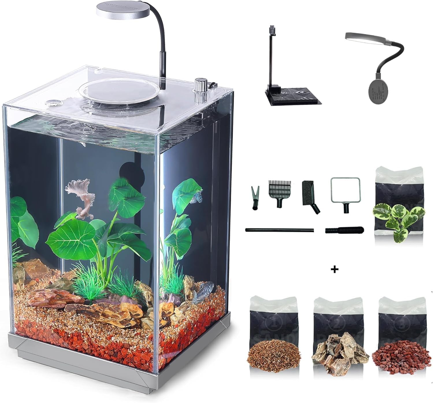 Wonderfactory 3 Gallon Aquarium Fish Tank, Self-Cleaning Betta Fish Tank with Filter and Light, Aquarium Starter kit with Rocks, Plants & Cleaning Tools, Suitable for Beginners and Aquarium Hobbyists