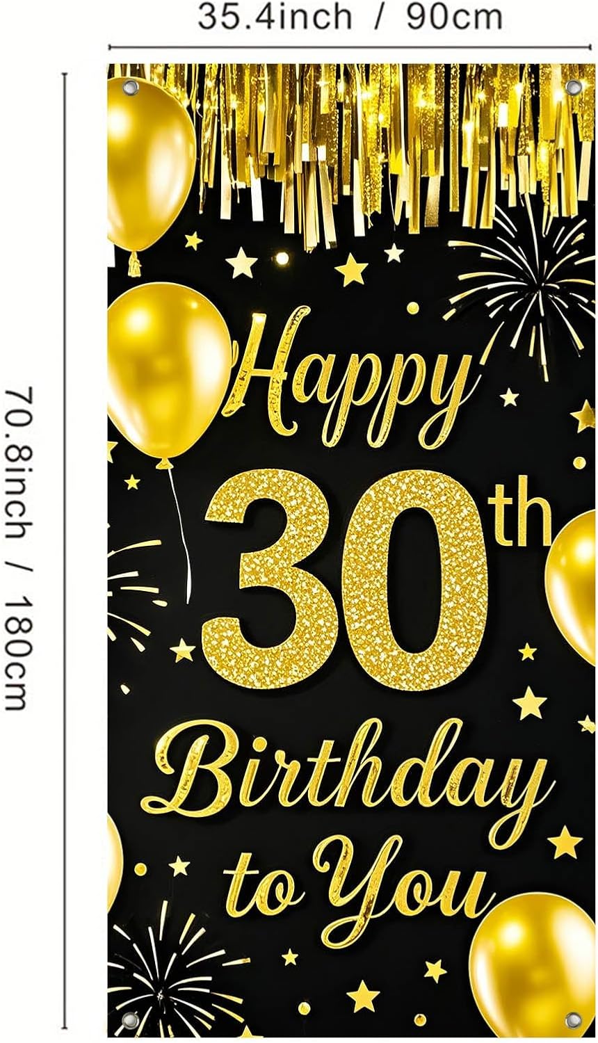 IVN 30th Birthday Door Cover 71x35 Inch Black Gold Birthday Banner for Party Decorations Balloons Stars Fireworks Backdrop Sign for Men Women Photo Booth Prop Wall Decor