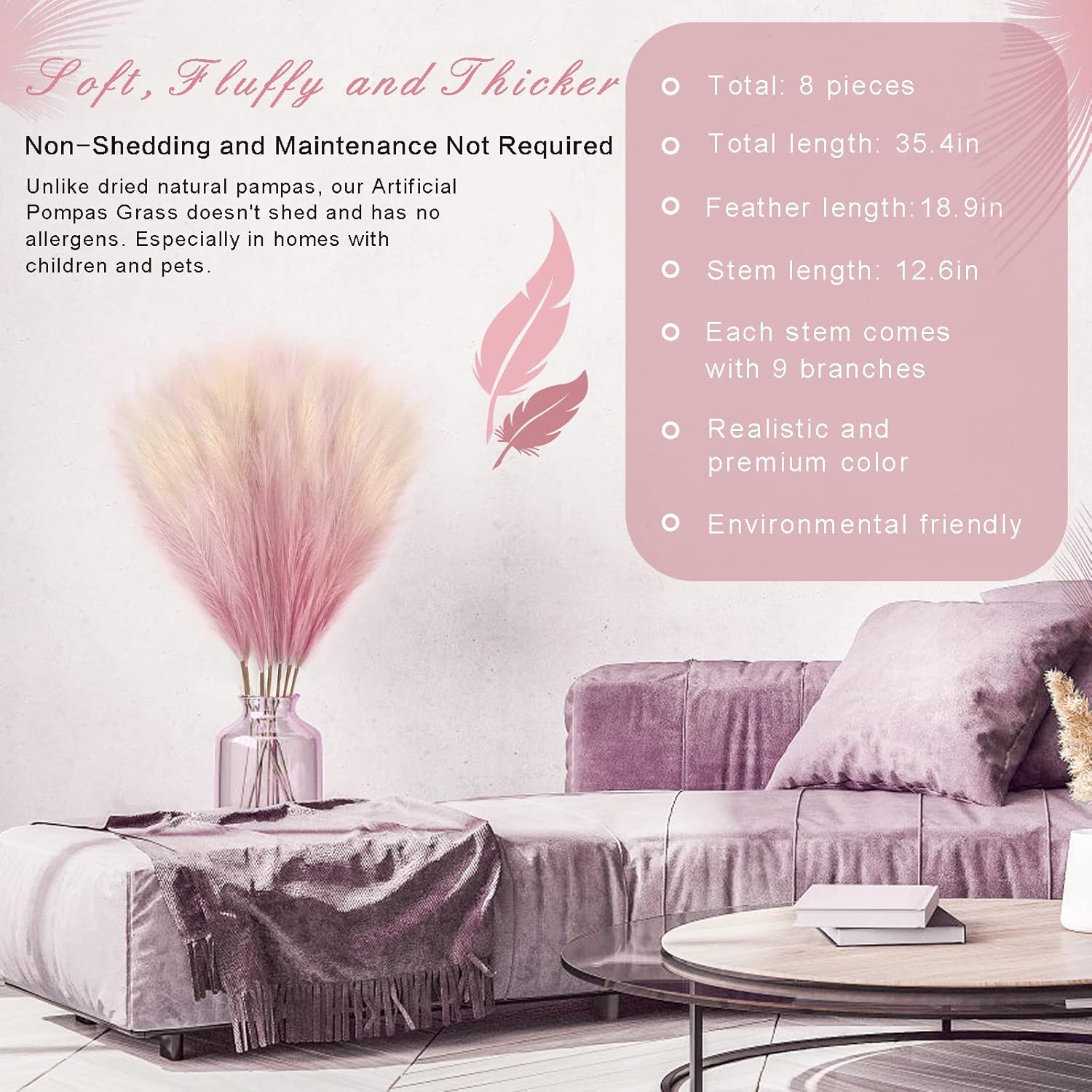 8Pcs 3FT Pink Colorful Faux Pampas Grass for Boho Decor, KALYLOC Non-Shedding Fluffy Artificial Bulrush, Tall Reed Fluffy Stems Vase Filler Living Room Wedding Decoration