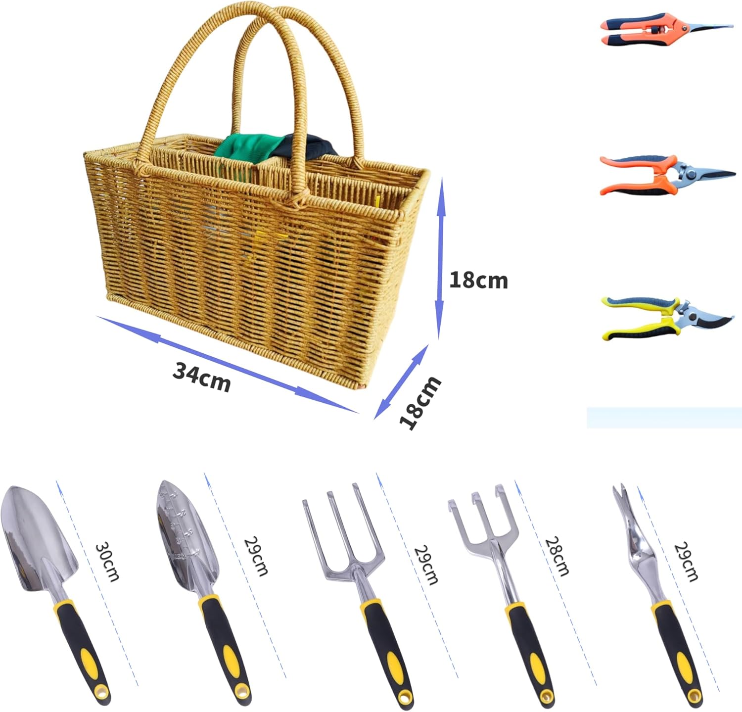 Gardening Tool Set, Equipped with Rattan Storage Basket, 5 Aluminum Alloy Hand Tools, and 3 Stainless Steel Scissors, is a Wonderful Gift for Gardening Enthusiasts.