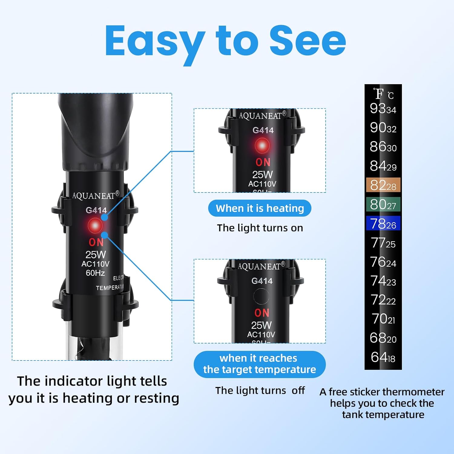 AQUANEAT Aquarium Heater, 25W Fish Tank Heater, Adjustable Submersible Water Thermostat with Thermometer