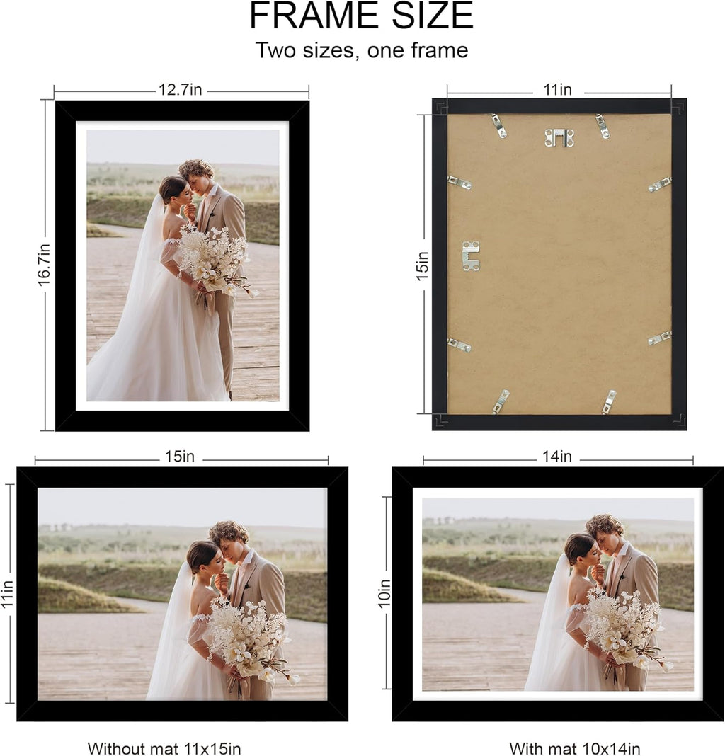 11x15 Picture Frame Set of 4, Made of Real Glass and Black Frame - Display Picture 10x14 with Mat or 11x15 Without Mat, 11 by 15 Photo for Wall Mounting