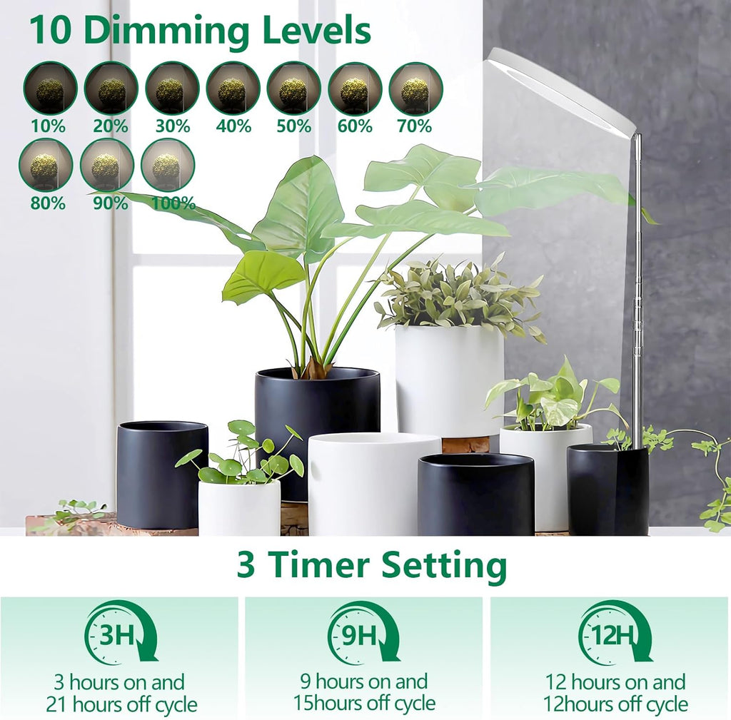 WaterRebirth 8 inch Grow Lights - Large Plant Light with 3 Timers, 10 Level Dimmable Brightness, Full Spectrum Lamp, Height Adjustable for Tall Plants