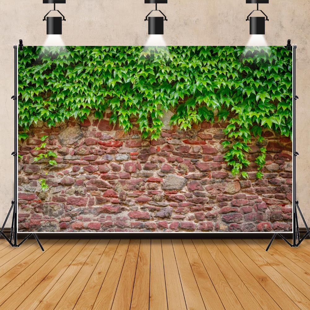 ChloropLastid 8x6ft Rustic Rock Brick Wall Backdrop Retro Stone Wall with Green Leaves Vine Photography Background Wedding Birthday Party Decor Banner Adult Kids Portrait Photoshoot Studio Props