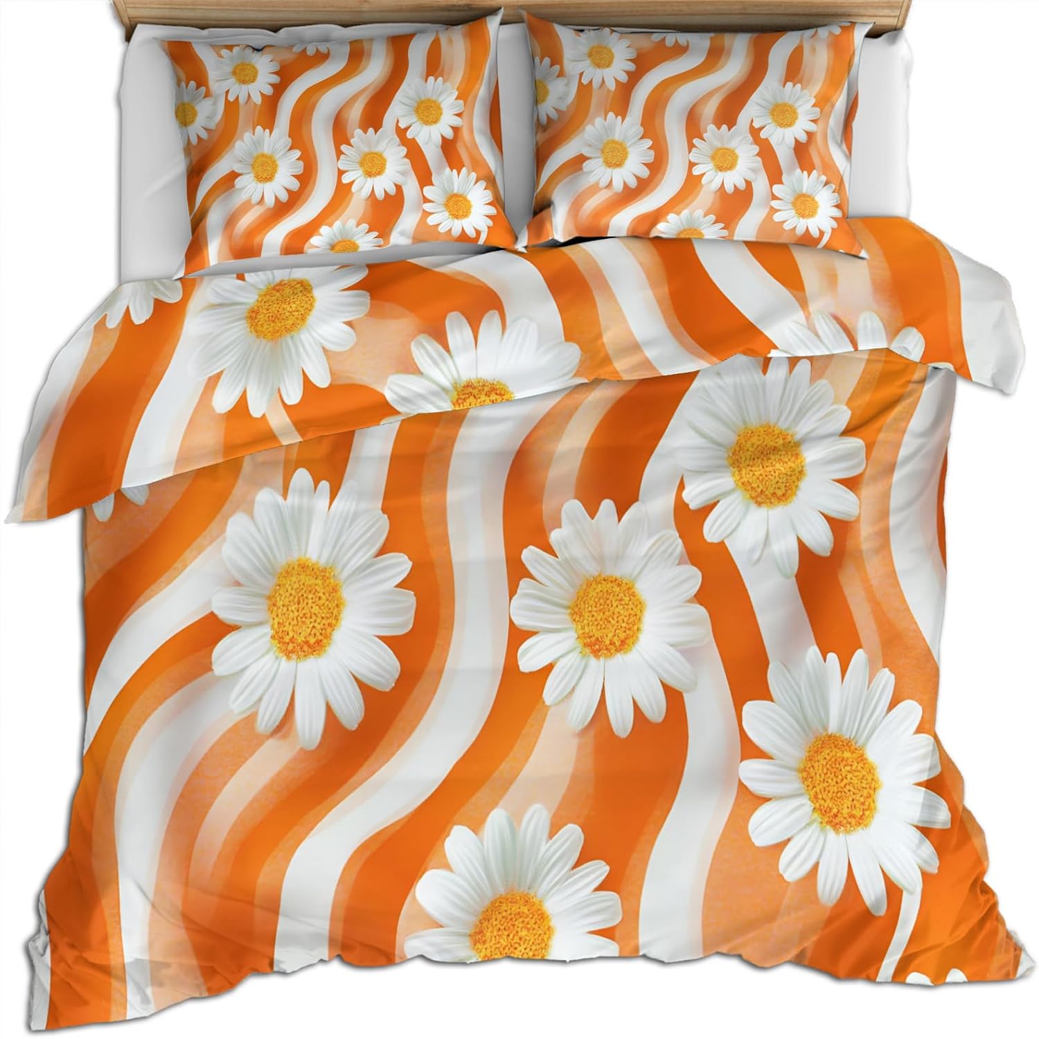 Orange Groovy Duvet Cover Twin Retro Hippie Flower Bedding Set 2 Piece for Kids Bedroom Vibrant Daisy Comforter Cover with Zipper Ties & 1 Pillowcases