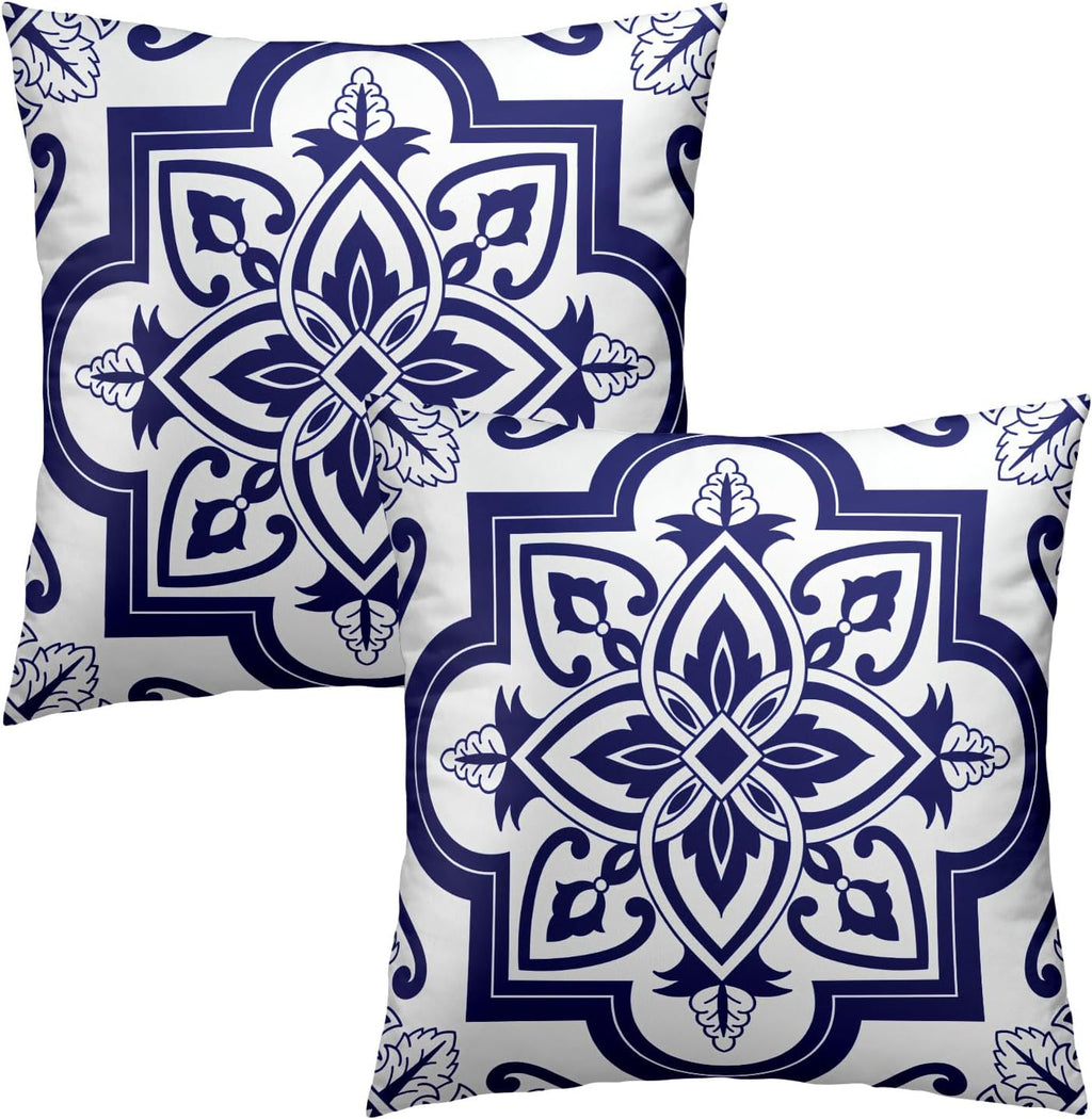 Blue-White Geometric Floral Throw Pillowcases Set of 2 All-Season Soft Pillow Covers with Hidden Zipper,Durable for Sofa Bed Car Decor & Gift 18x18Inch